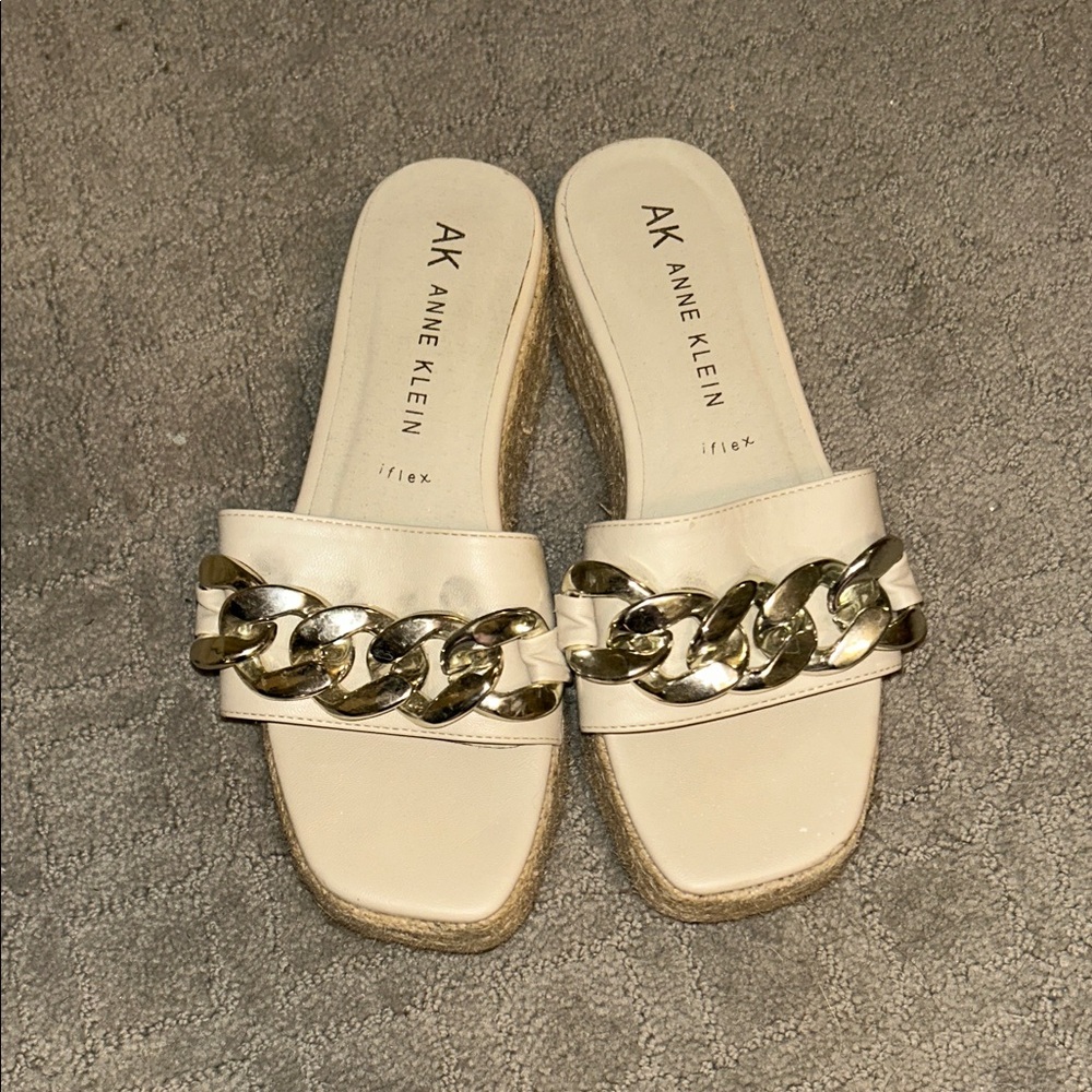 Anne Klein Cream and Gold Chain Slide Sandals
